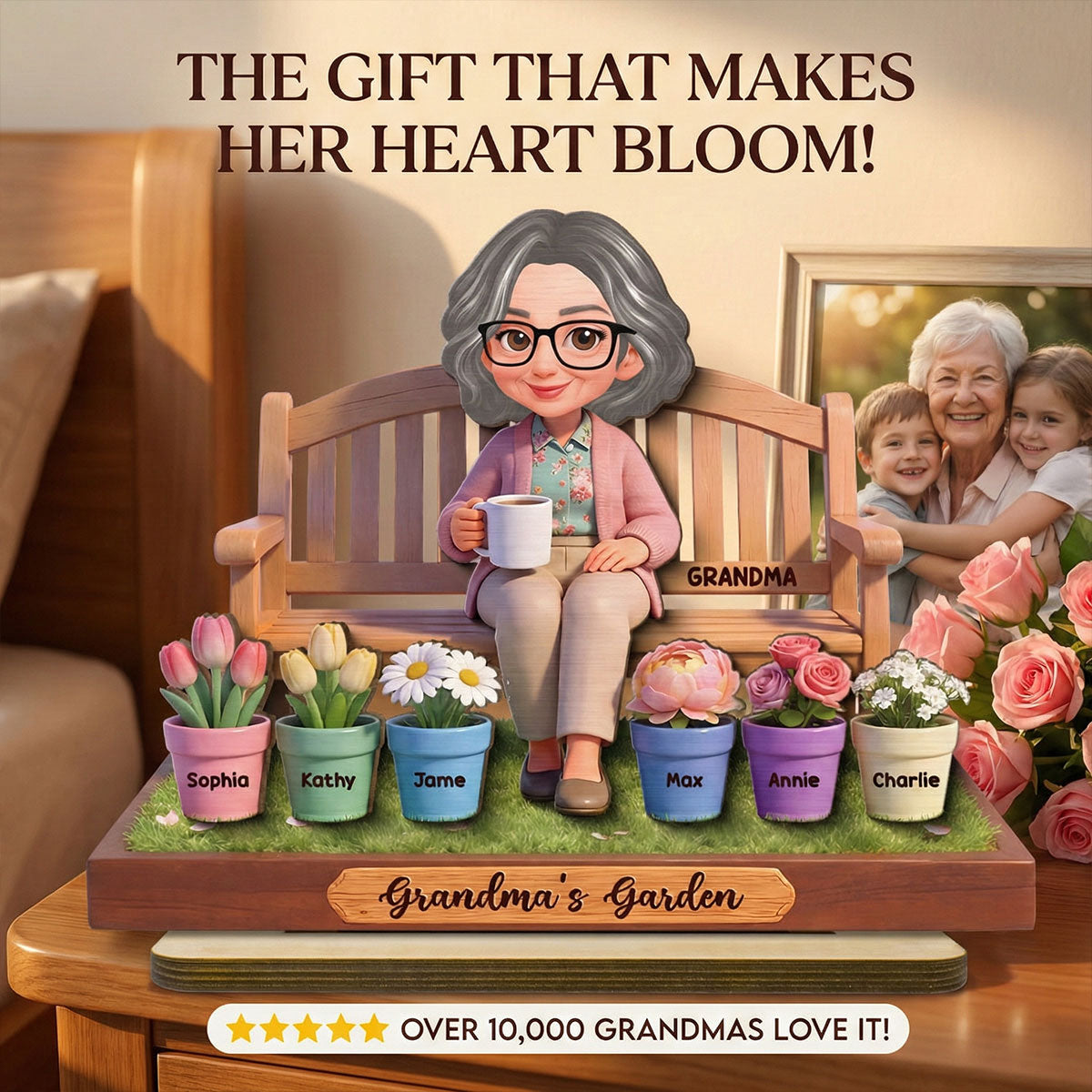 Beautiful Grandma's Garden Custom Grandkids Names - Personalized 2-Layered Wooden Plaque - Gift For Grandma