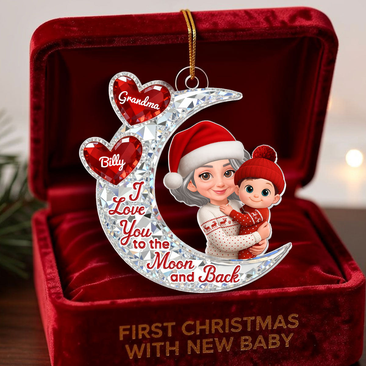 3D Effect Flat Moon Grandma Grandkid Love You To The Moon And Back - Personalized Acrylic Ornament - Christmas Gift For All Grandkids