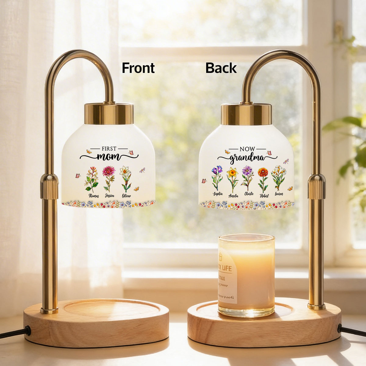 First Mom Now Grandma Custom Birth Flower - Personalized Candle Warmer Lamp - Heartfelt Mother's Day Gift for Grandma, Mom, Wife