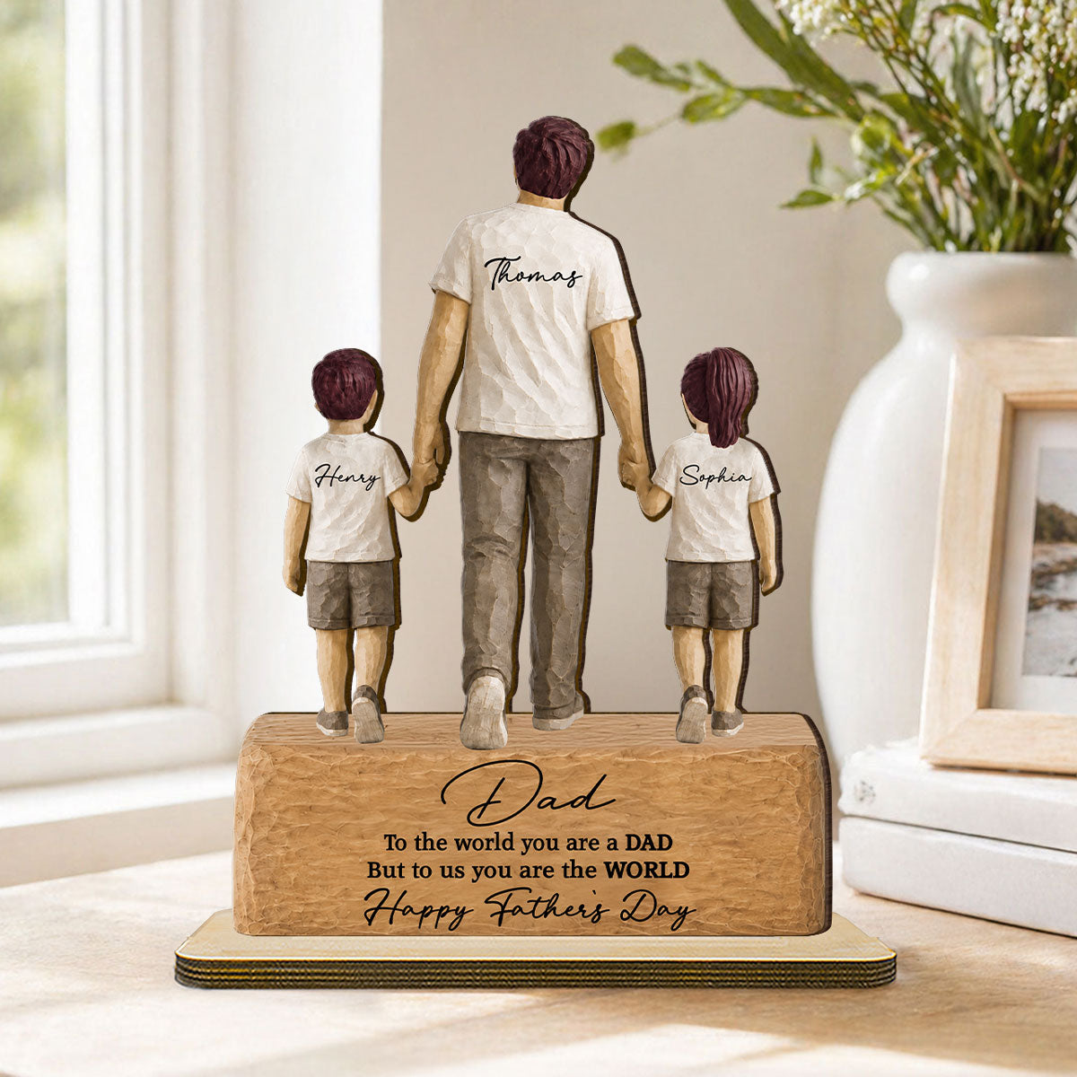 Sentimental Rustic Dad And Kids Walking - Personalized 2-Layered Wooden Plaque - Heartfelt  Gift For Dad, Husband