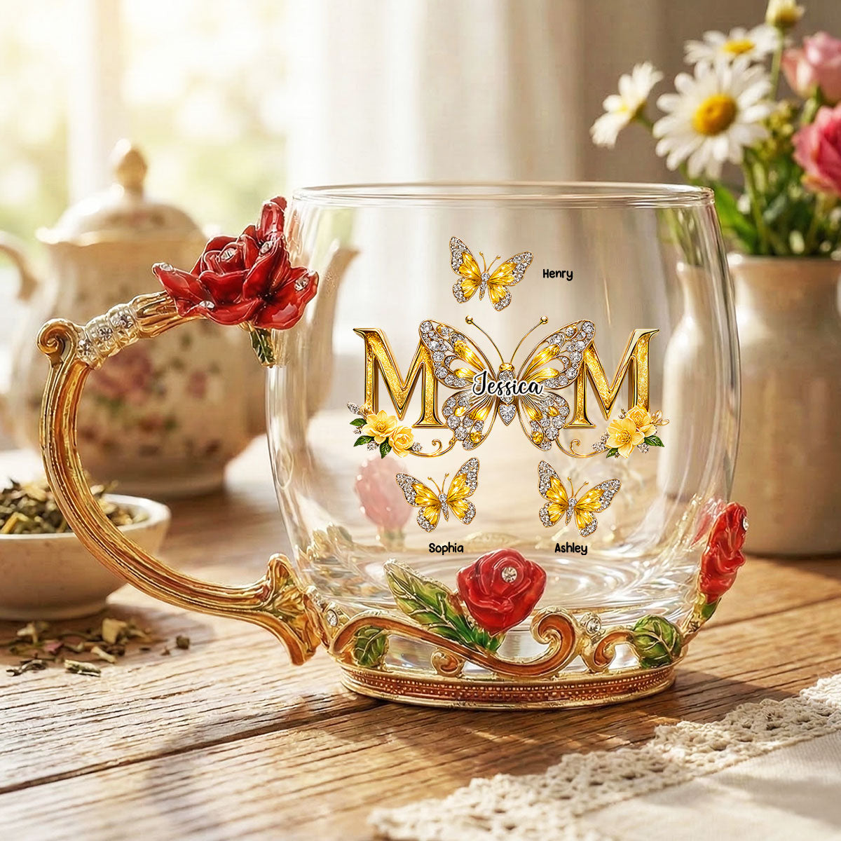 Mom And Children Butterflies - Personalized Enamel Flower Tea Cup - Gift For Mom
