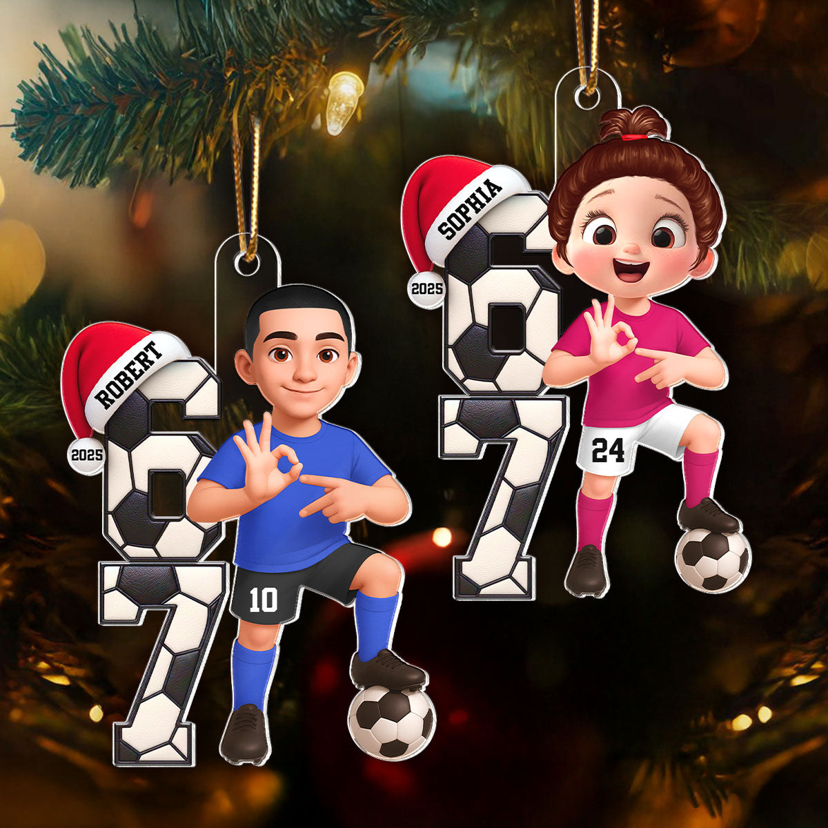 Soccer Boy and Girl Custom Six Seven 67 - Personalized Acrylic Ornament - Teen Slang Funny Tree Decor, Funny Teen Grandkid Gift