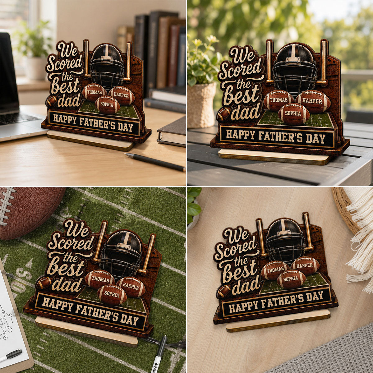 We Scored The Best American Football Dad Custom Name 2D Flat - Personalized 2-Layered Wooden Plaque -  Gift For Football Dad