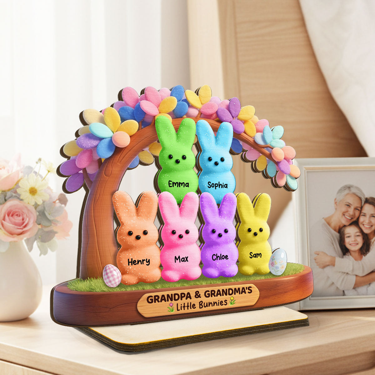 Colorful Happy Easter Grandma Little Bunnies - Personalized 2-Layered Wooden Plaque - Gift For Grandma