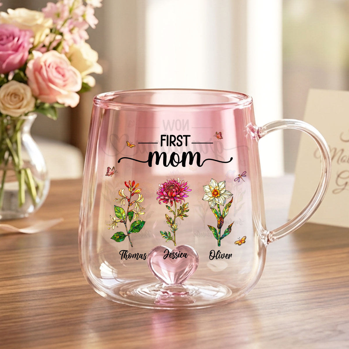 First Mom Now Grandma Custom Birth Flowers - Personalized Glass Mug - Mother's Day Gift for Mom, Grandma