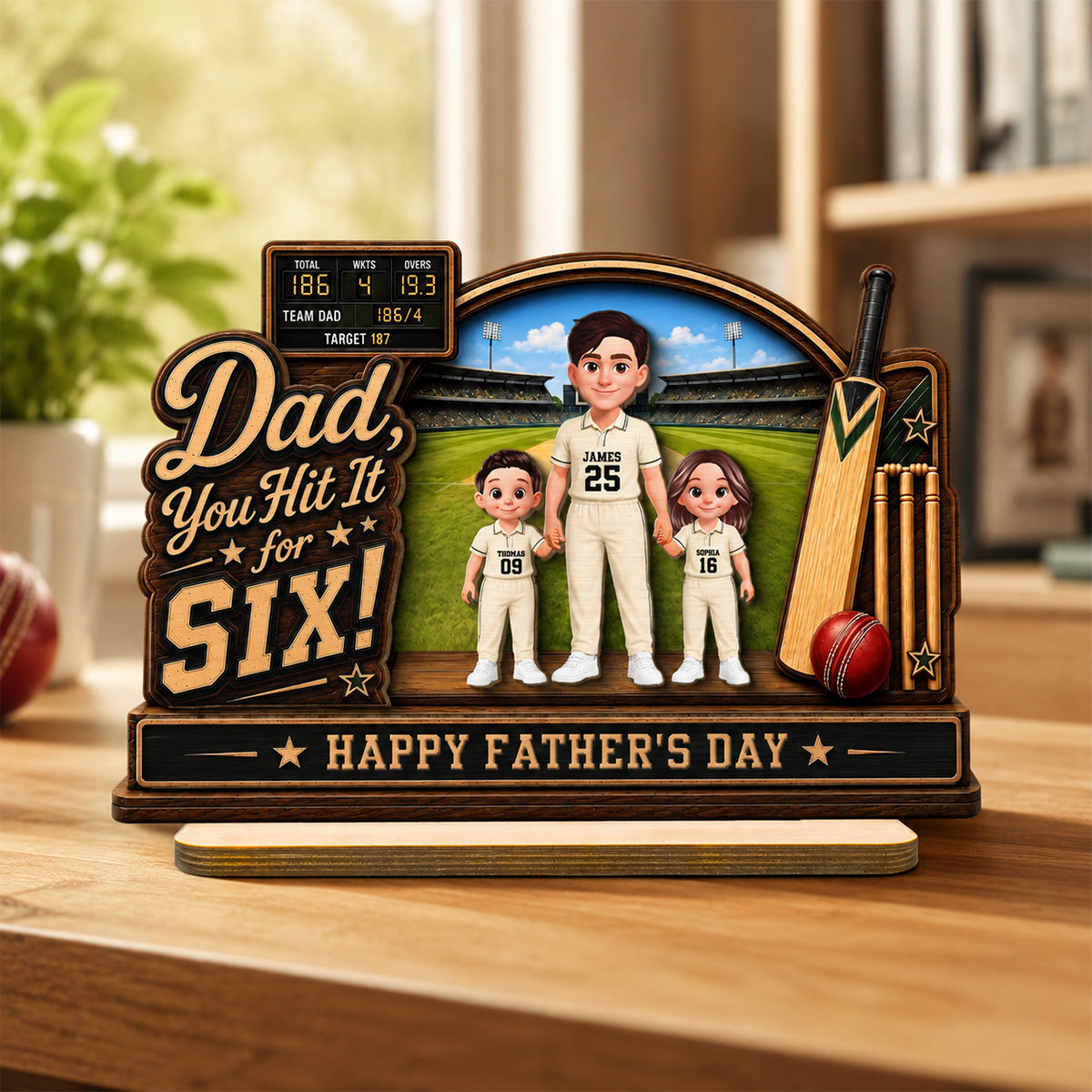 Hit A Six With The Best Dad Cricket Dad & Kids On Court - Personalised 2-Layered Wooden Plaque -  Gift For Husband, Dad