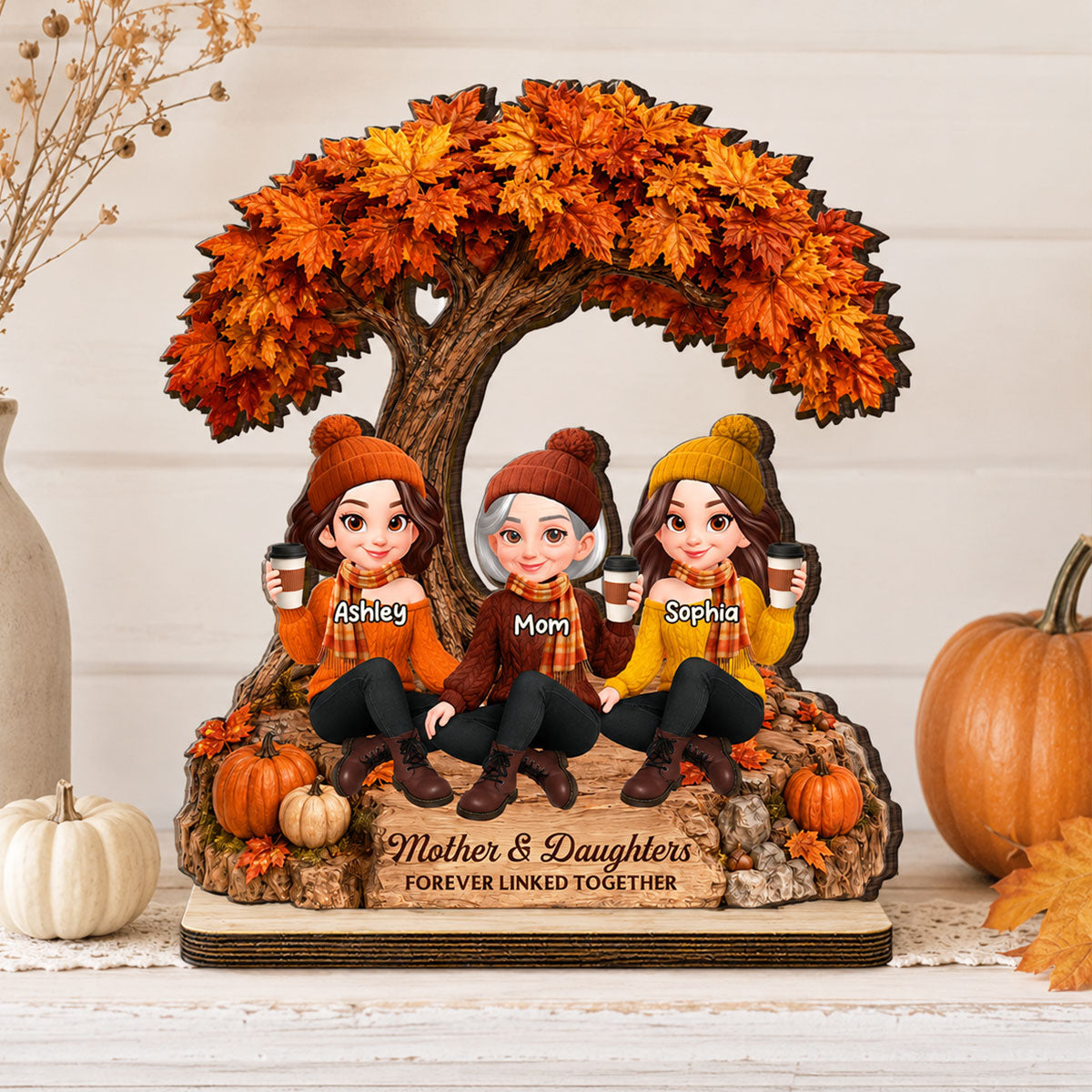 Cozy Warm Fall Season Mom And Daughters - Personalized 2-Layered Wooden Plaque - Fall Gift For Mom, Daughters