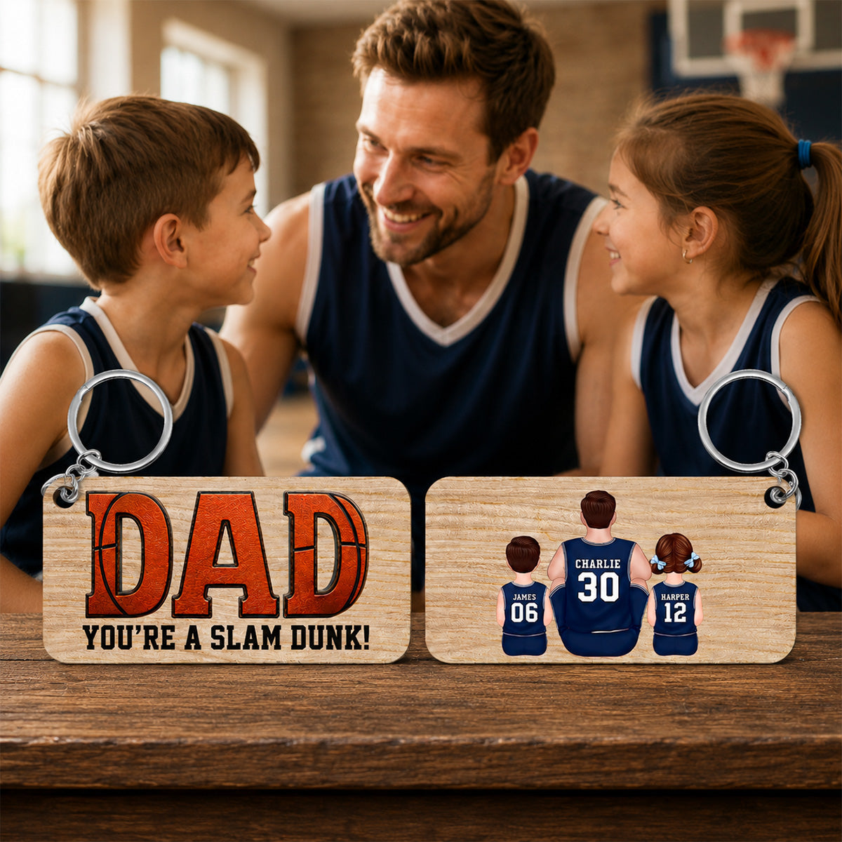 Dad You Are Our MVP Sitting Basketball Man & Kids - Personalized Wooden Keychain - Father's Day Gift For Basketball Dad