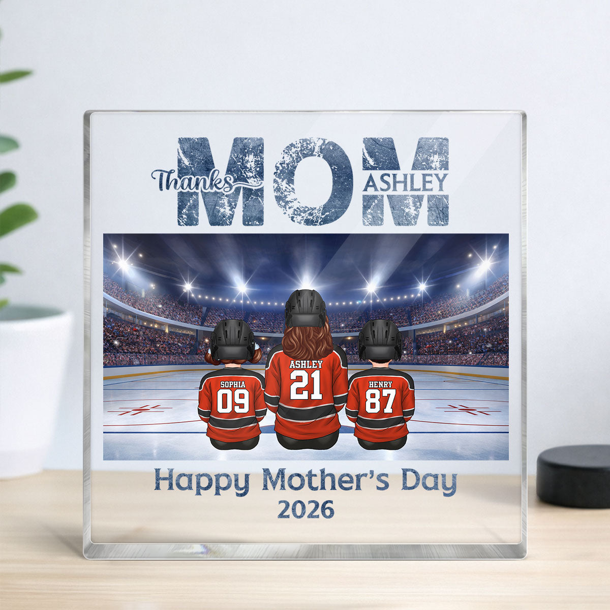 Thanks Mom Hockey Mom and Kids - Personalized Acrylic Block Plaque - Mother's Day Gift For Mom, Gift For Wife