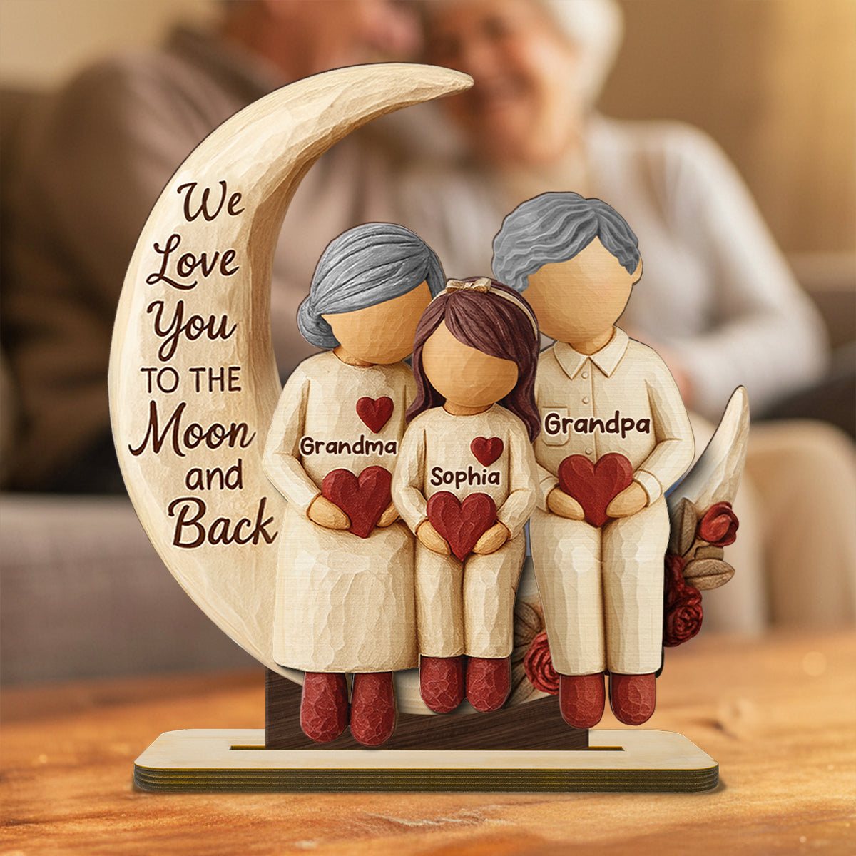 Grandma Grandkids on Moon - Personalized Standing Wooden Plaque - Nostalgia Rustic Home Decor for Grandma