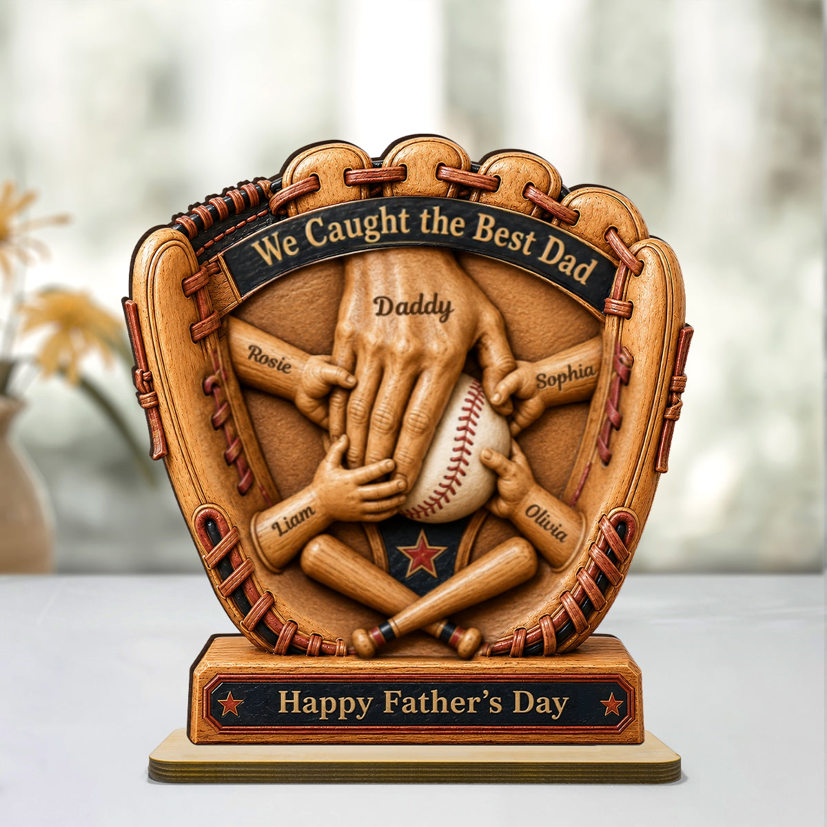 Baseball Glove Dad & Kids' Hands - Personalized 2-Layered Wooden Plaque -  Gift For Dad, Husband