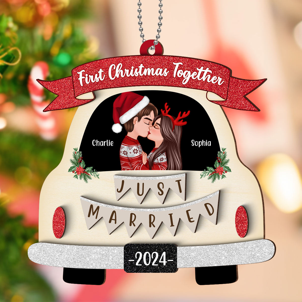First Christmas Married Couple In Wedding Car Personalized 2-Layer Wooden Ornament, Christmas Gift For Newlyweds
