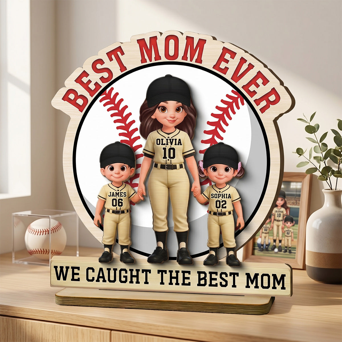 Best Mom Ever Baseball Mom & Kids - Personalized 2-Layered Wooden Plaque - Mother's Day Gift For Mom