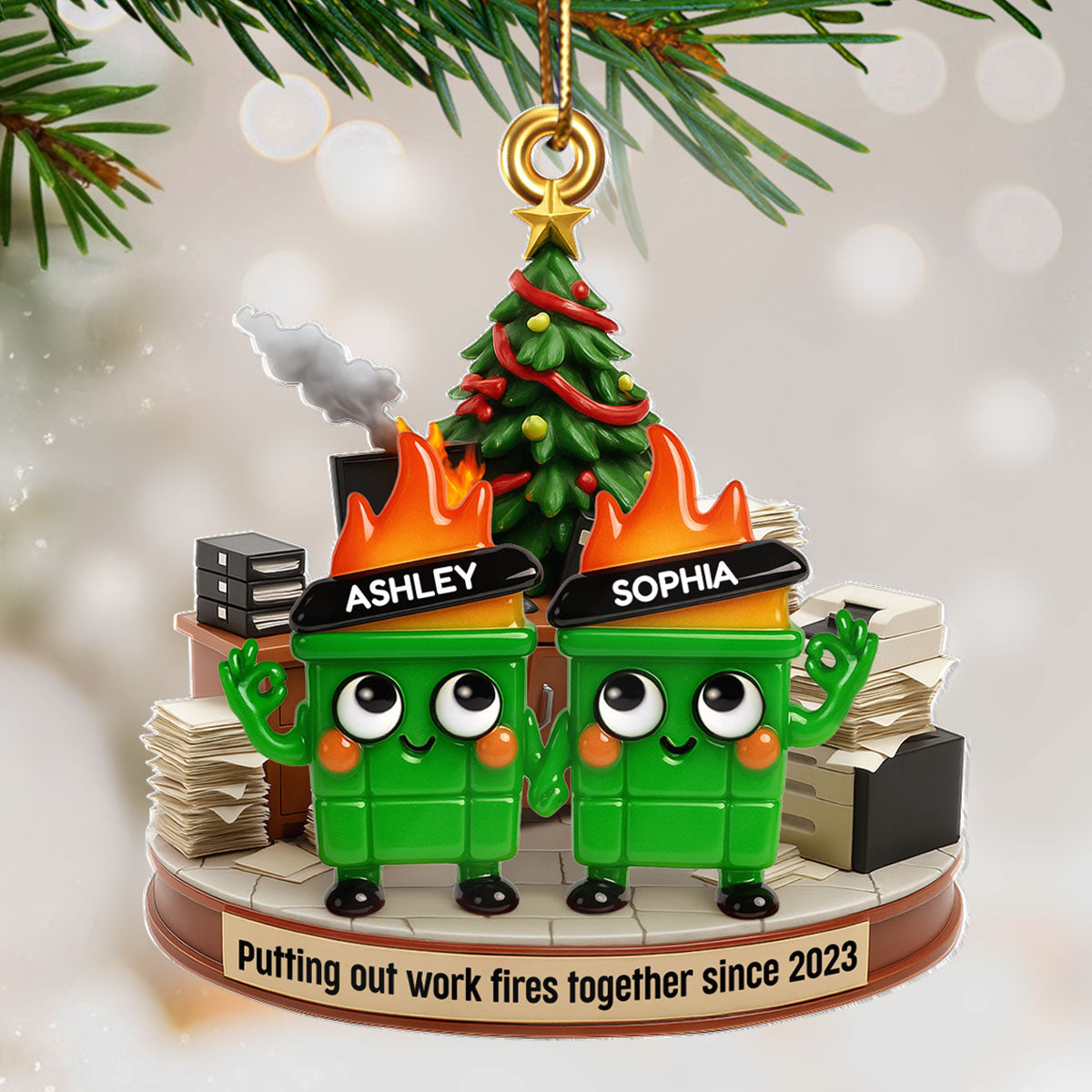 Funny Dumpster Fire Office Chaos Background - Personalized Acrylic Ornament - Funny Coworker Christmas Gift, White Elephant Gift for Coworkers