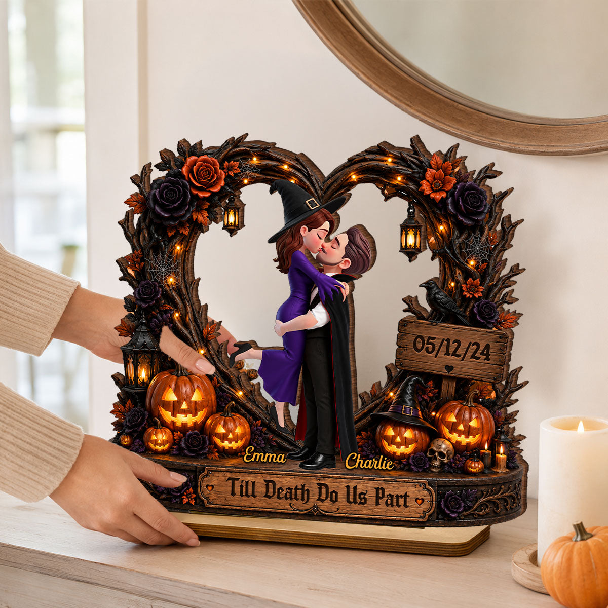 Spooky Couple Heart Till Death Do Us Part - Personalized 2-Layered Wooden Plaque - Halloween Decor Gift, Gift For Couple