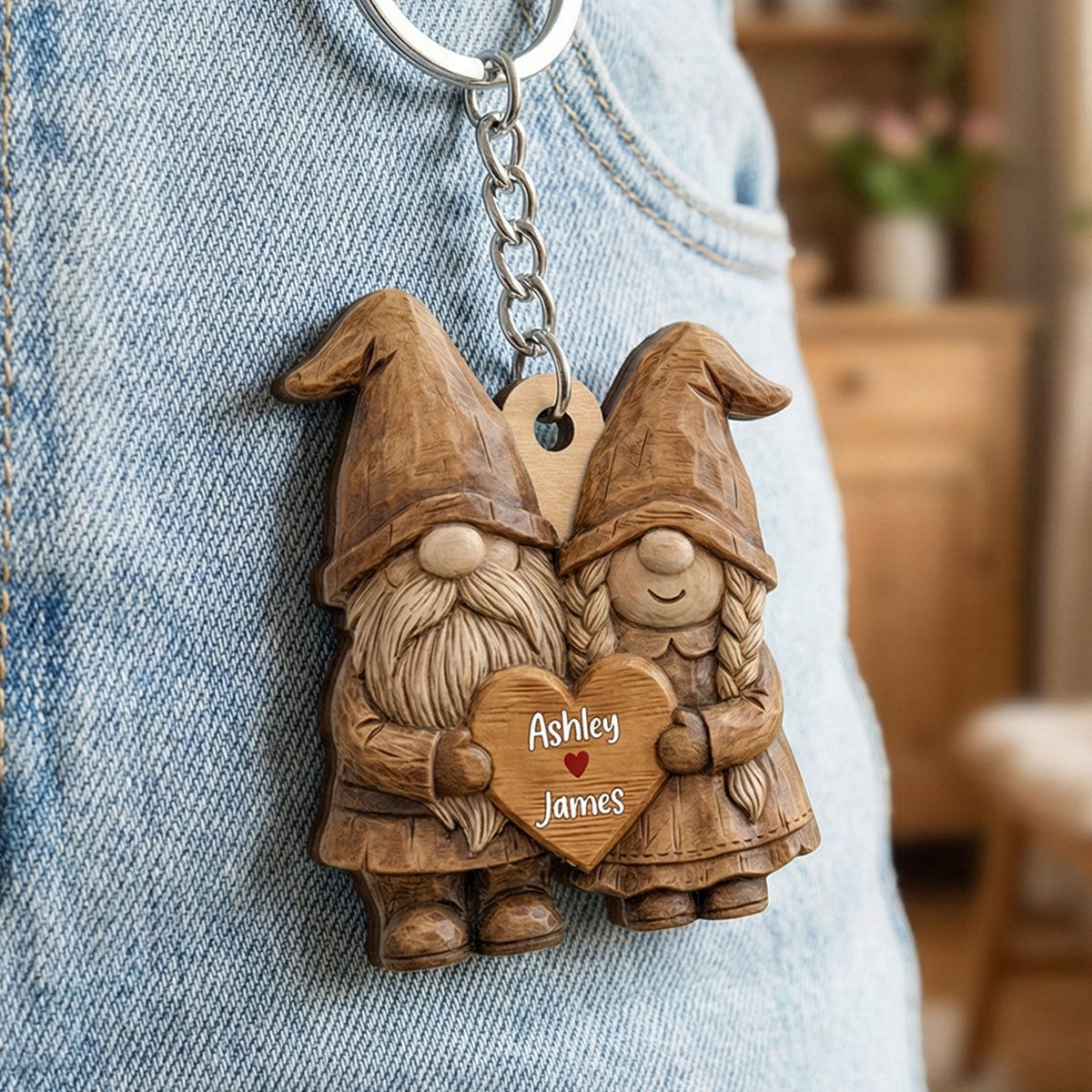 3D Effect Gnome Couple Standing - Personalized Wooden Keychain - Anniversary, Valentine's Day Gift For Him, Gift For Her