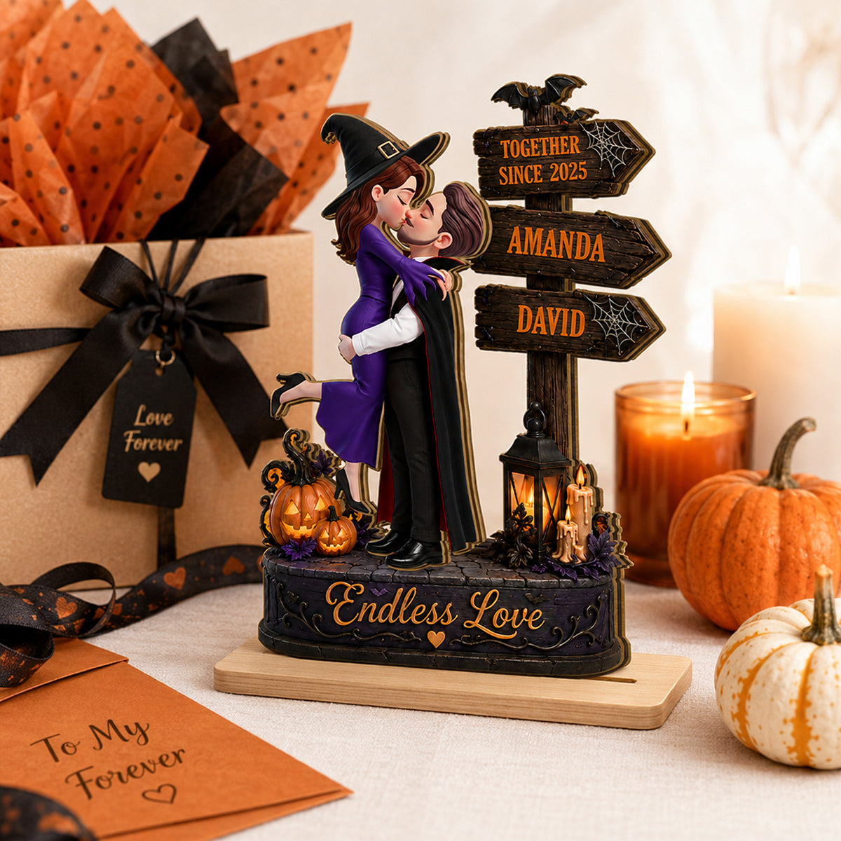 Endless Love Couple Halloween - Personalized 2-Layered Wooden Plaque - Halloween Decor Gift, Gift For Couple