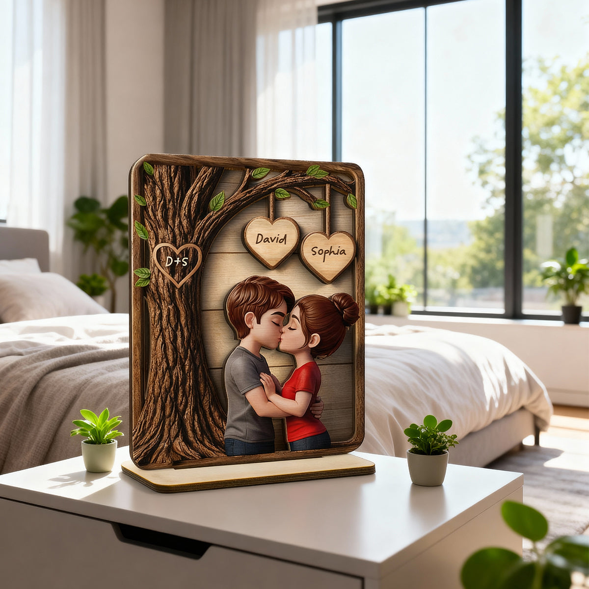 Loving Couple Kissing Under Tree - Personalized 2-Layered Wooden Plaque - Sentimental Valentine's Day Gift for Her, for Him