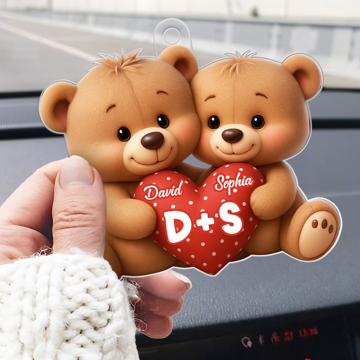 Bear Couple Holding Heart - Personalized Acrylic Car Hanger - Valentine's Day Gift for him, for her