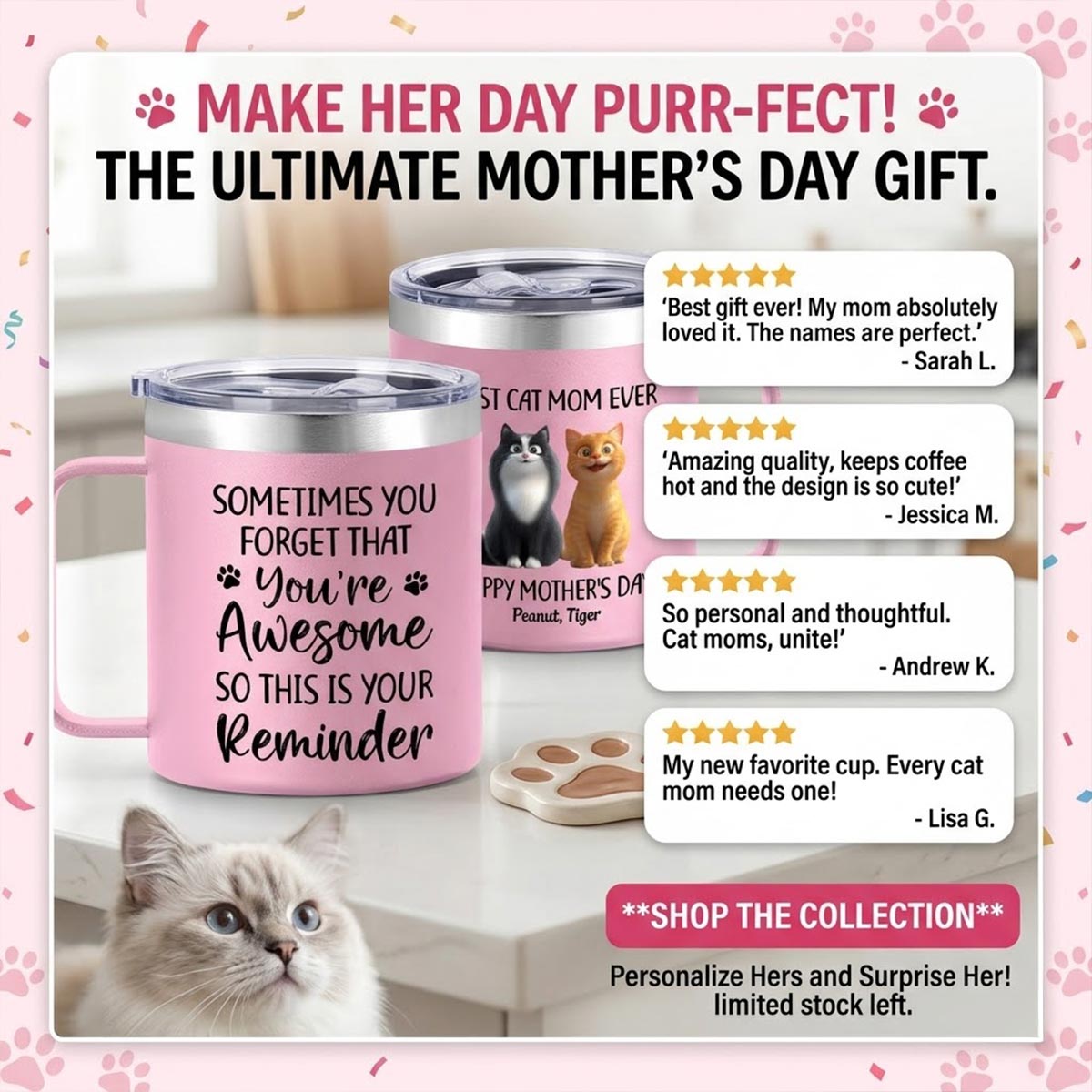 Sometimes You Forget That You're Awesome Cat Mom - Personalized Stainless Steel Tumbler with Handle - Mother's Day Gift For Cat Lovers
