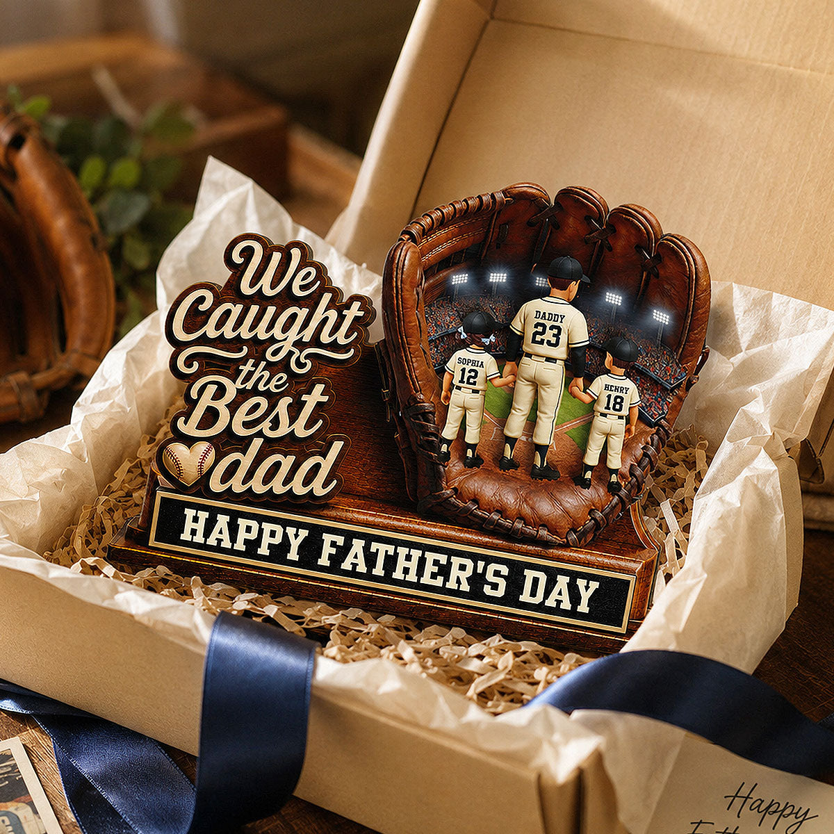 We Caught The Best Dad Dad & Kids In Glove - Personalized 2-Layered Wooden Plaque - Happy  For Baseball Dad