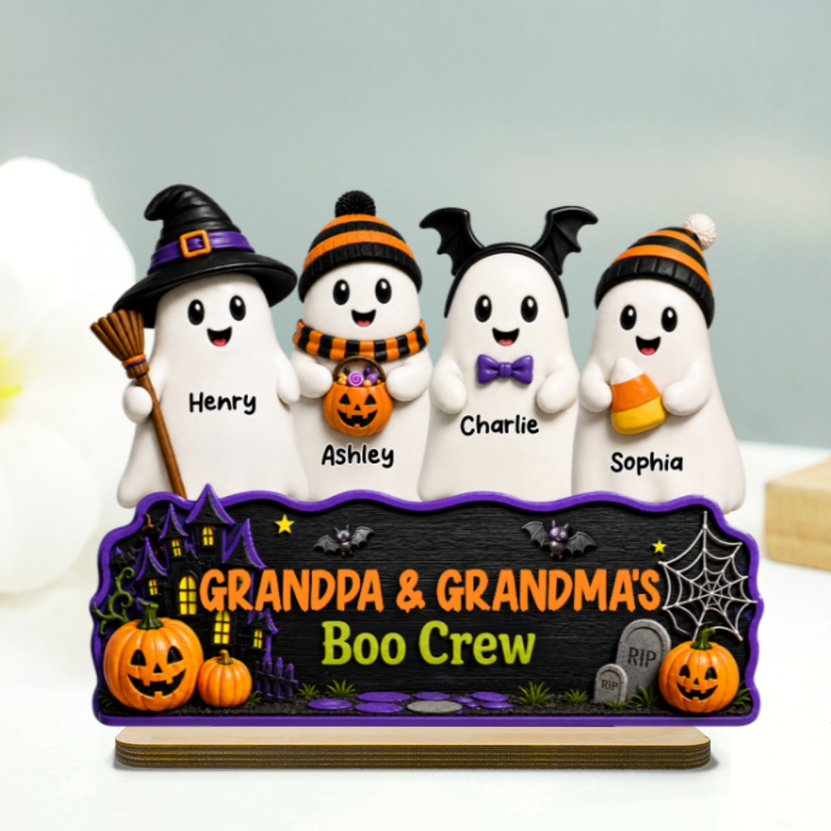 Halloween Grandma Grandpa Haunted House Cute Boo Crew Kids - Personalized 2-Layered Wooden Plaque - Halloween Decoration For Grandparents