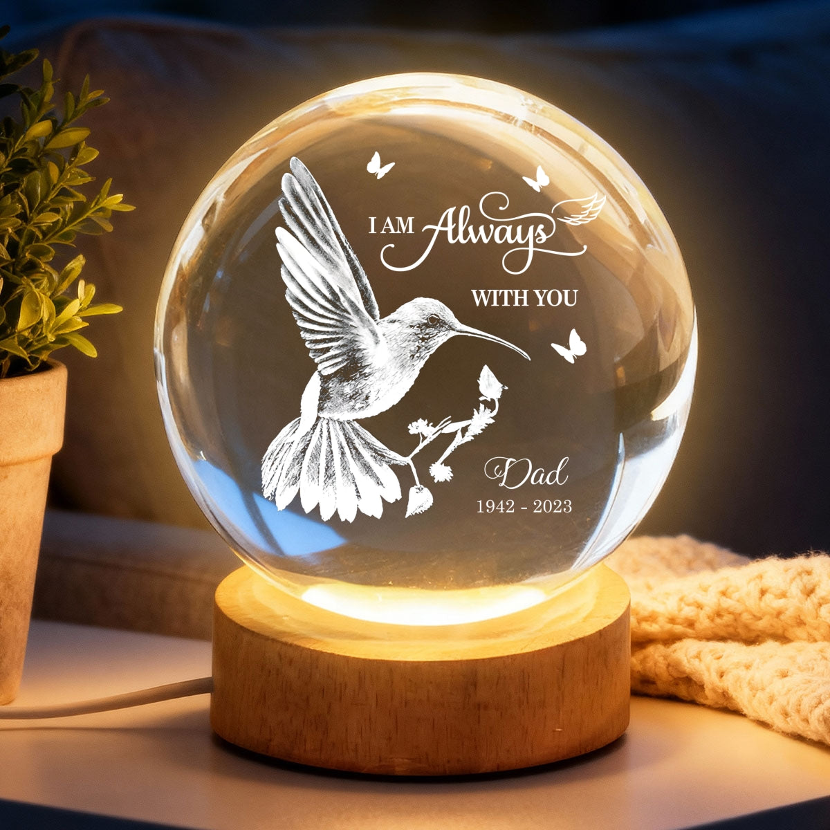 Always With You Hummingbird - Personalized Crystal Ball LED Night Light - Memorial Remembrance Keepsake