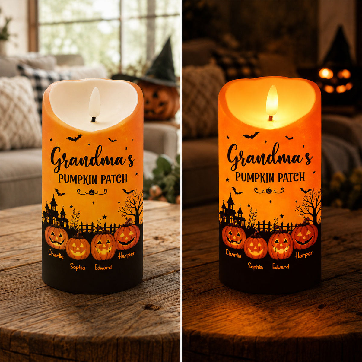 Grandma's Pumpkin Patch Jack-o'-lantern Pumpkins - Personalized LED Candle - Perfect Halloween Decor For Grandma