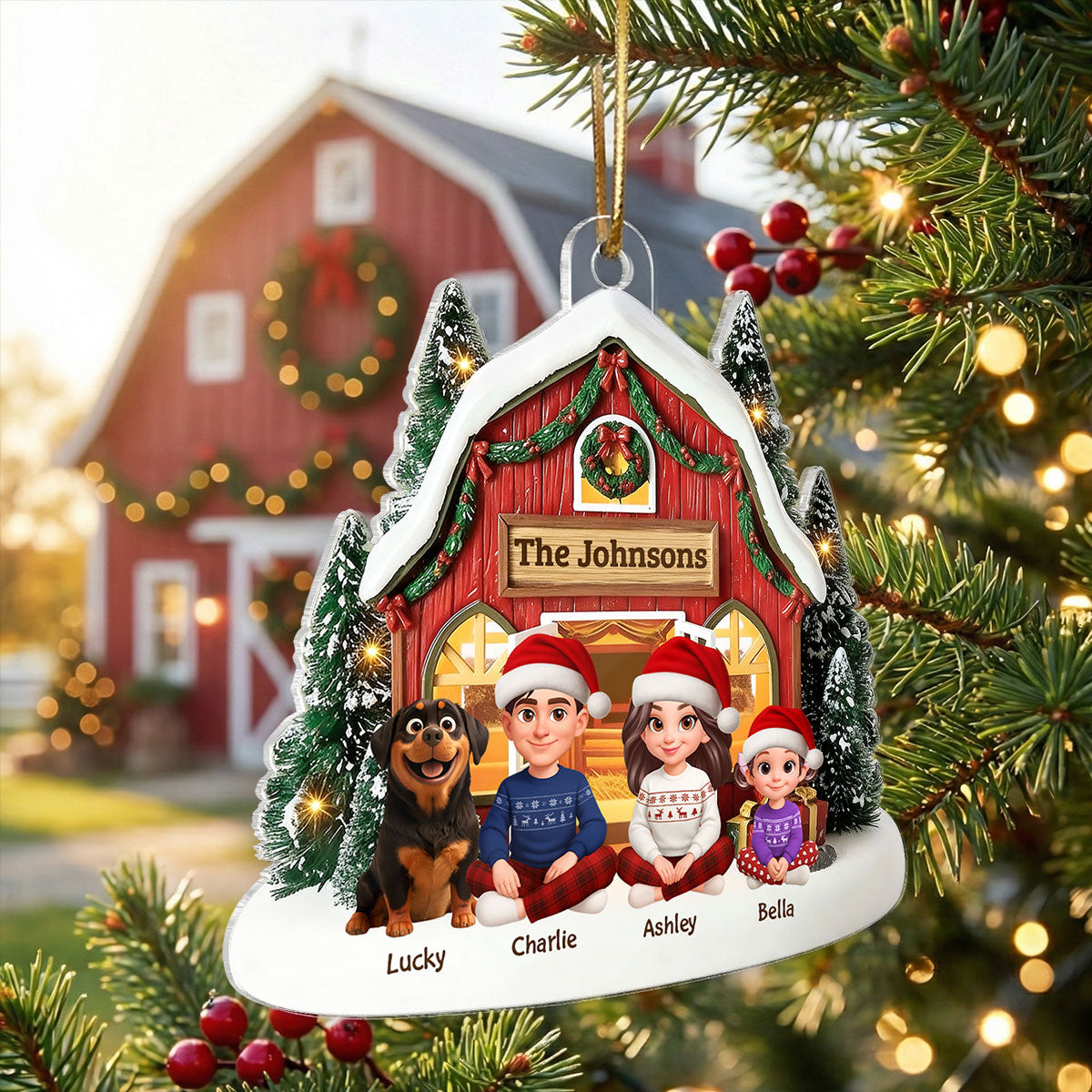 3D Effect Christmas Barn House Family Sitting Together - Personalized Acrylic Ornament