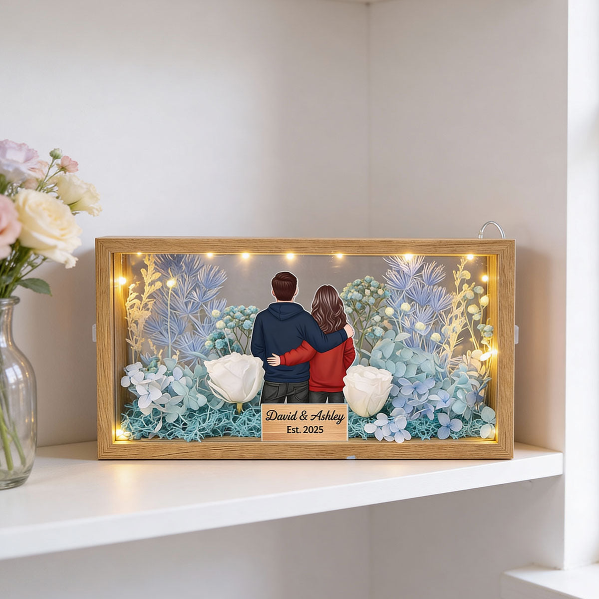 Eternal Love Back View Couple - Personalized DIY Flower Shadow Box LED Night Light - Gift For Couple, For Him, For Her