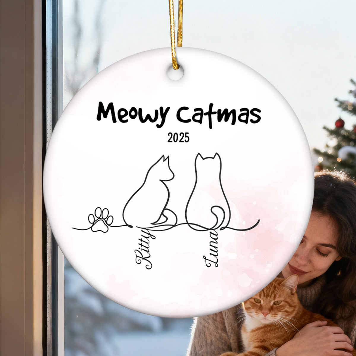 My Babies Cat Line Art - Personalized Ceramic Ornament - Christmas Ornament For Cat Lovers