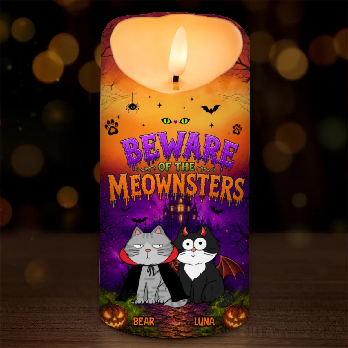 Beware Of The Meownsters - Personalized LED Candle - Purrfect Halloween Decor for Cat Lover