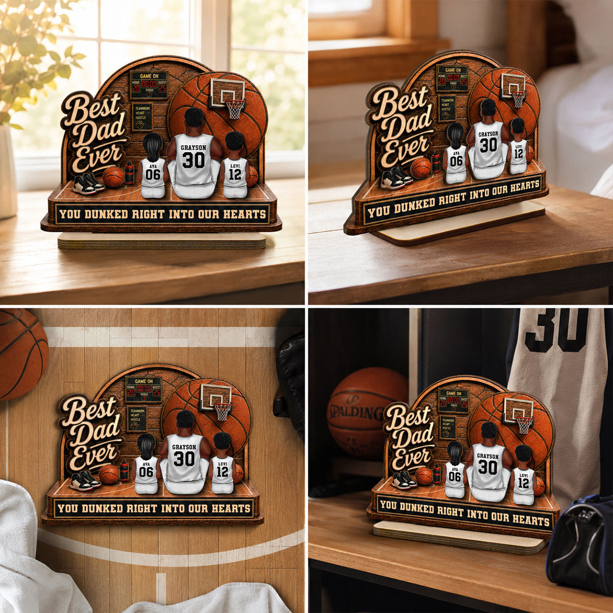 MVP Dad Back View Basketball Man & Kids 2D Flat - Personalized 2-Layered Wooden Plaque -  Gift For Basketball Dad