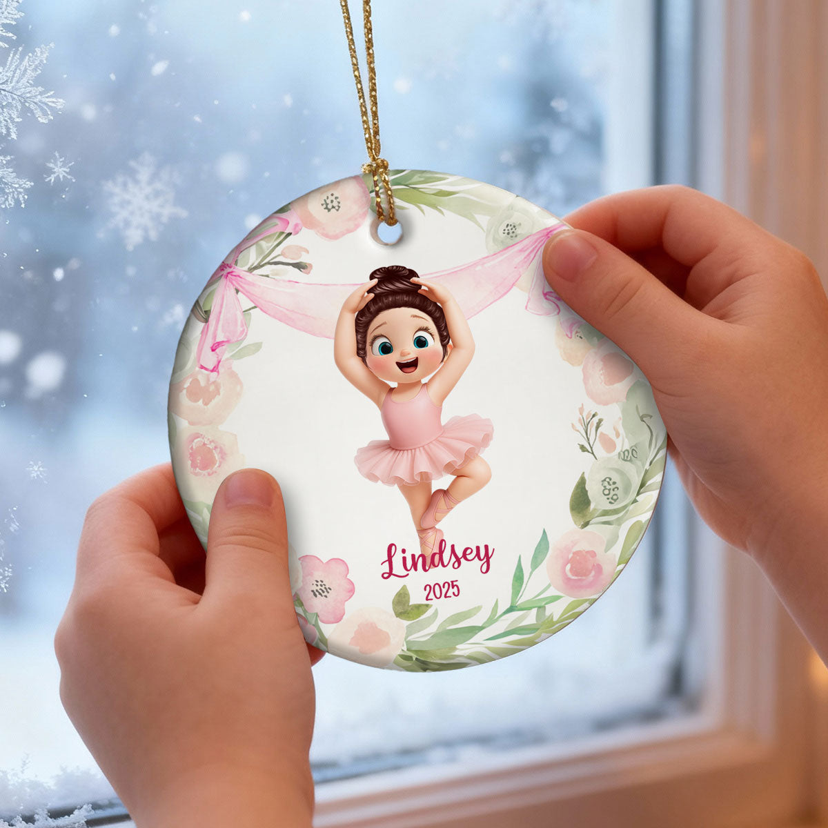 Floral Frame Ballerina Girl - Personalized Ceramic Ornament - Christmas Gift For Daughter, Granddaughter