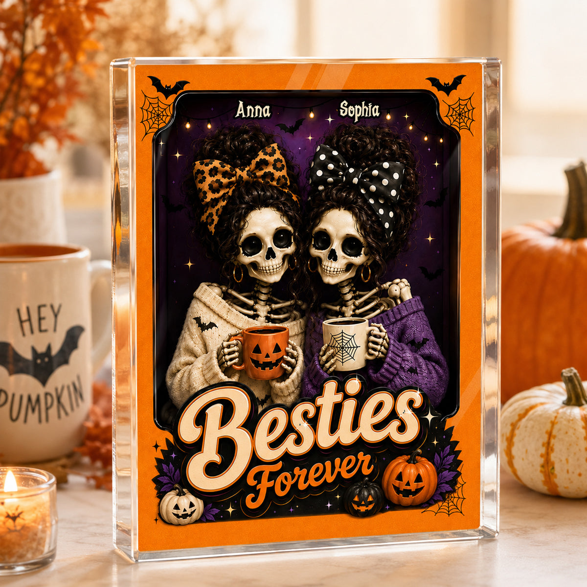 Besties Forever Skeleton Halloween - Personalized Acrylic Block Plaque - Halloween Decor Gift, Gift For Besties