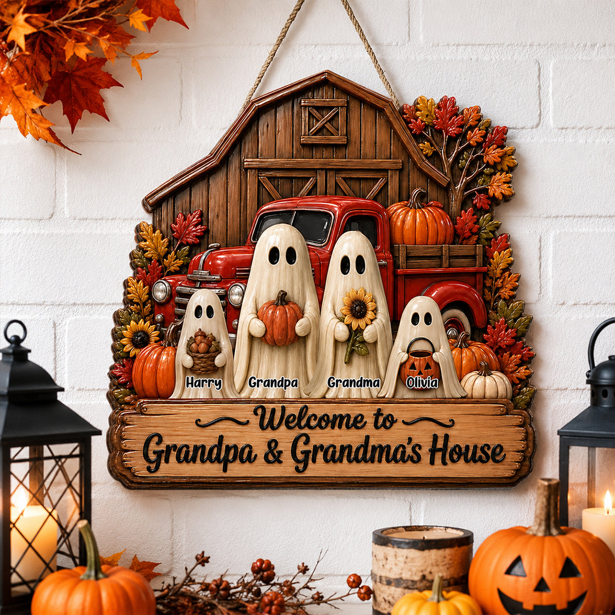 Welcome To Grandpa Grandma Ghost Farmhouse - Personalized Wood Sign - Halloween Decor Gift, Gift For Grandma Grandpa
