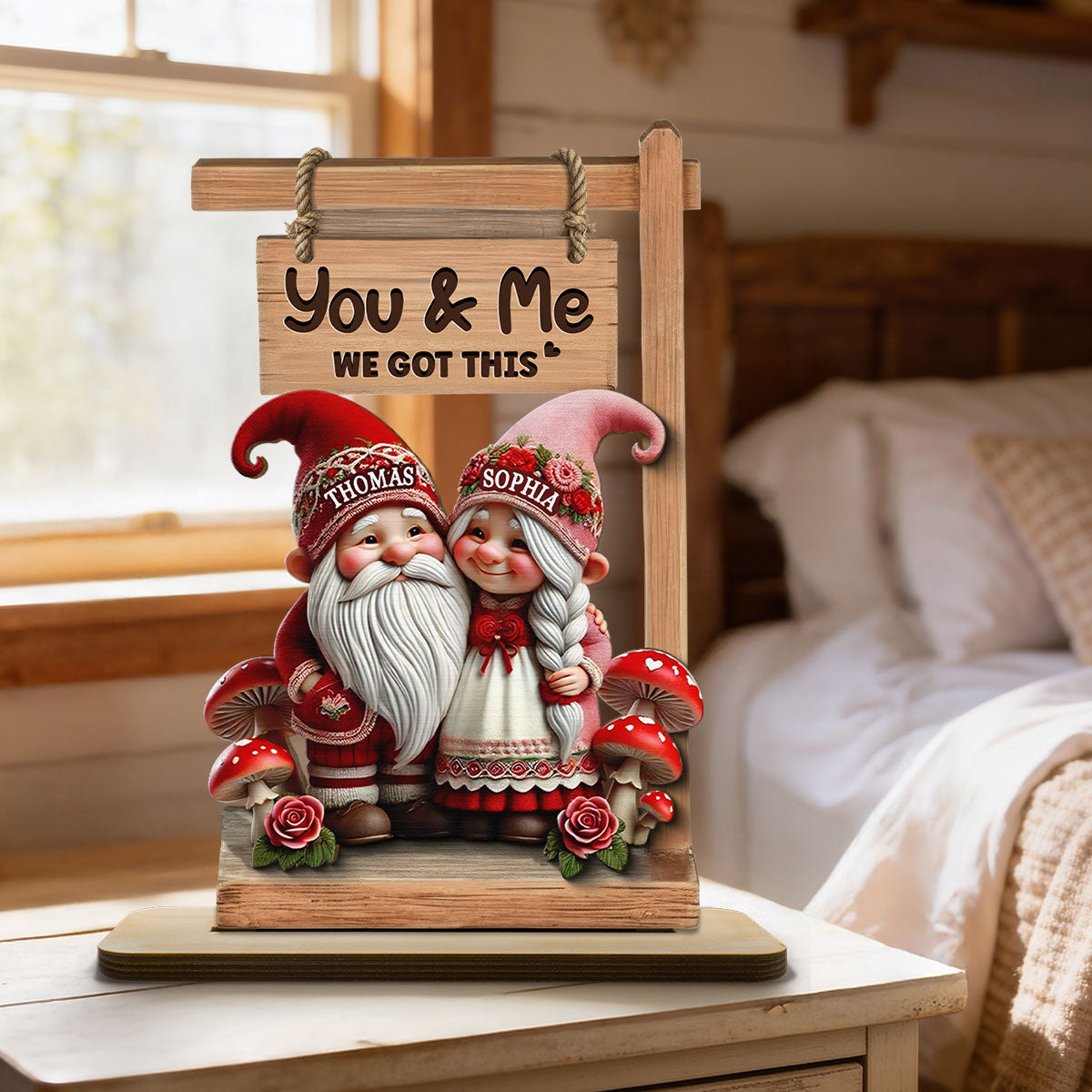 3D Effect Valentine Theme Gnome Couple Standing - Personalized 2-Layer Wooden Plaque - Gift For Him, Gift For Her