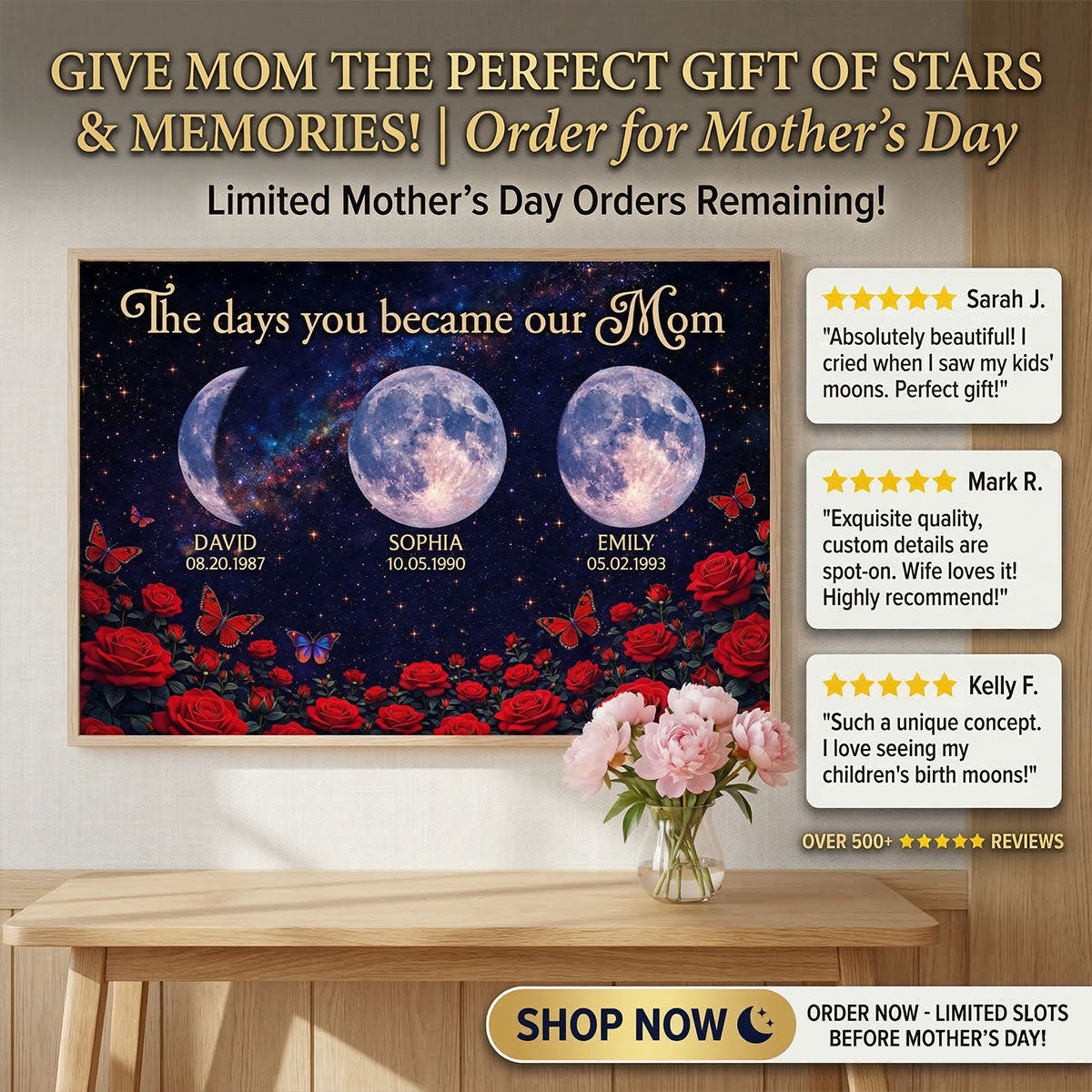 Roses The Day You Became Mom Grandma Custom Birth Moon Phase - Personalized Poster - Mother's Day Gift For Mom, Grandma