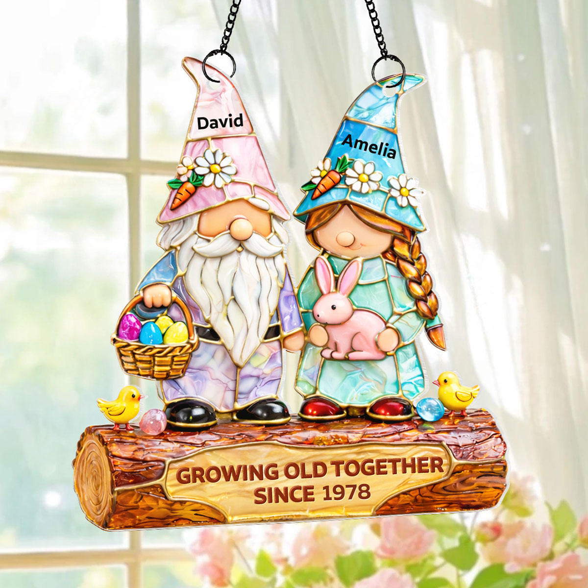 Growing Old Together Since Couple Gnome - Personalized Suncatcher - Gift For Couple, Family