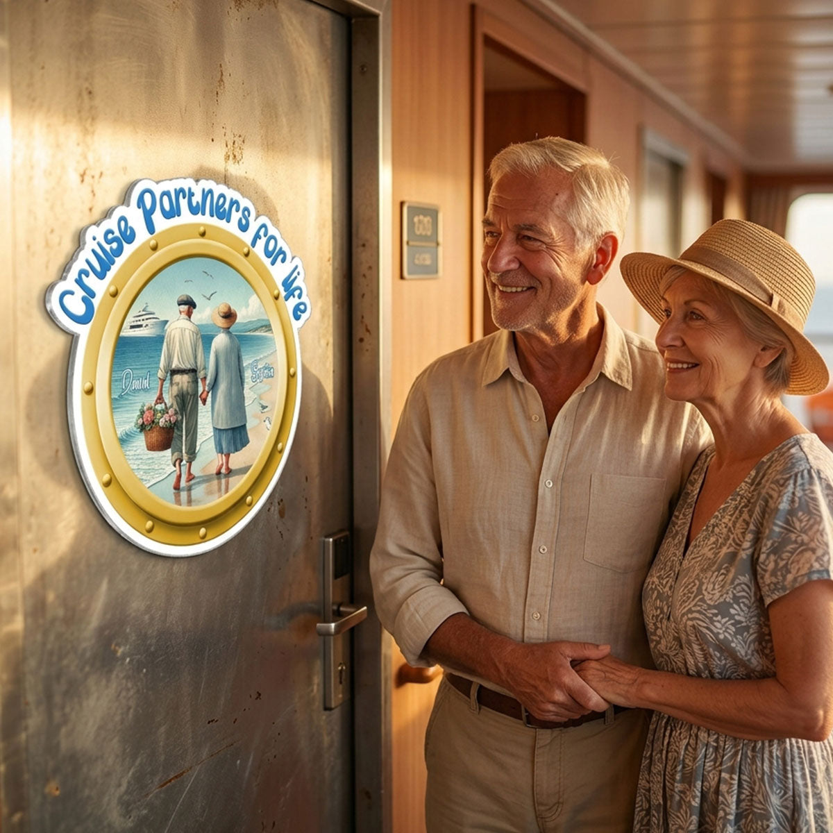 Cruise Partners For Life Porthole Old Couple Walking On The Beach - Personalized Cruise Ship Door Magnet - Cruise Trip Keepsake