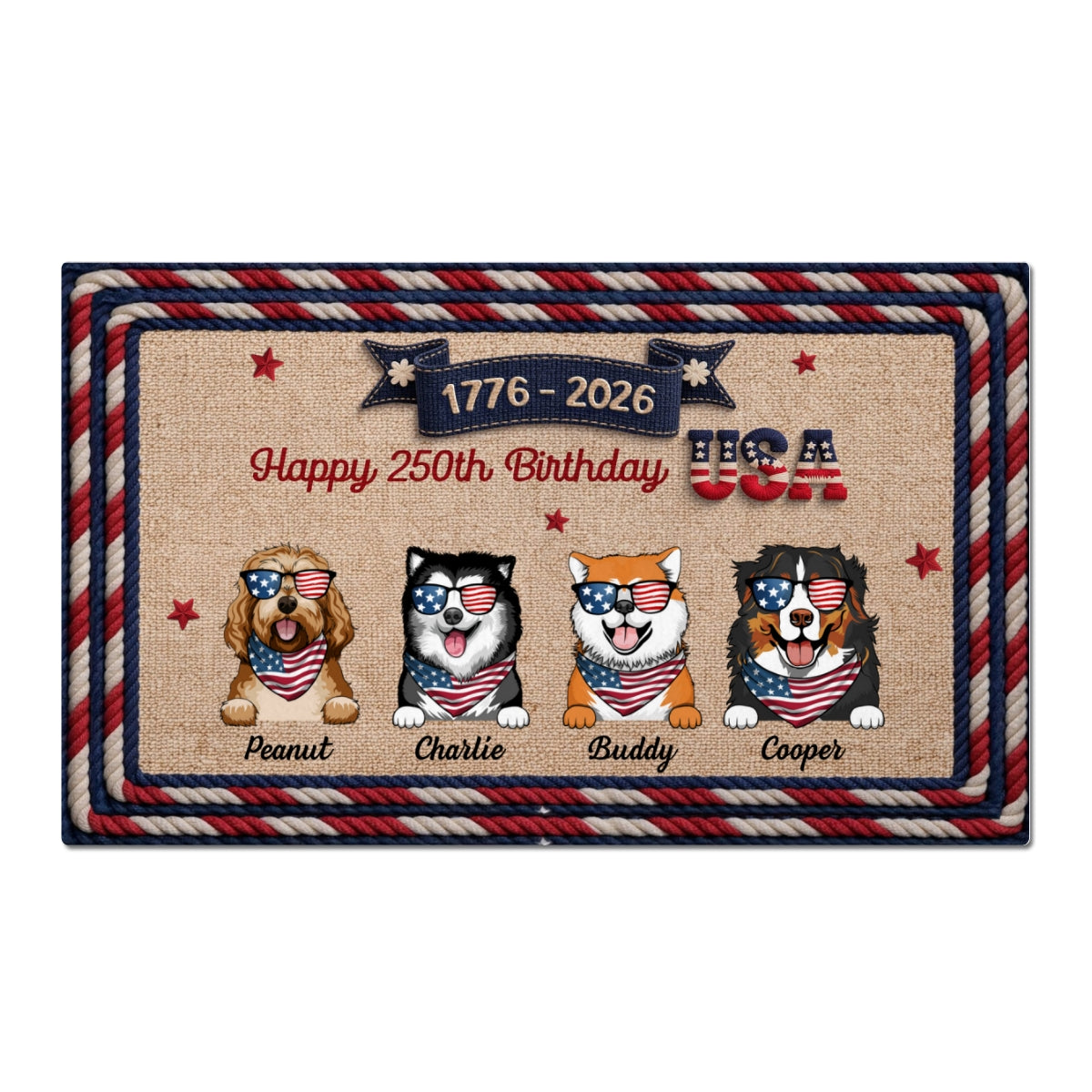 USA 250th Birthday Patriotic Flag Dog Faux Yarn Pattern - Personalized Doormat - Gift For Dog Lovers