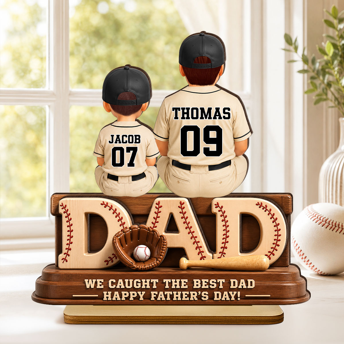 We Caught the Best Baseball Dad, Dad & Kids Back View - Personalized 2-Layered Wooden Plaque -  Gift for Dad, Husband