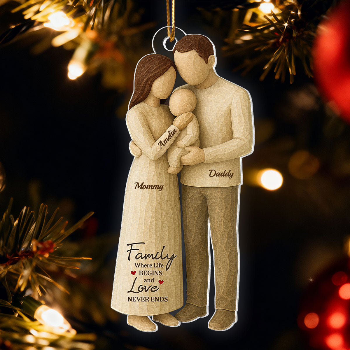 Family Love With Baby Wooden Figurines - Personalized Acrylic Ornament - Heartwarming Christmas Gift For Baby, For Couple, For Family