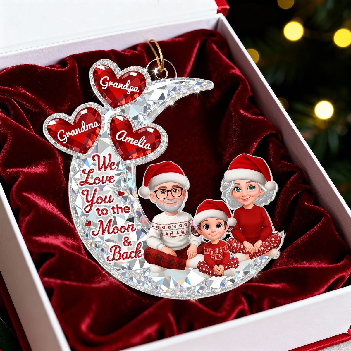 3D Effect Flat Moon Grandpa Grandma Grandkid Love You To The Moon And Back - Personalized Acrylic Ornament - Christmas Gift For All Grandkids