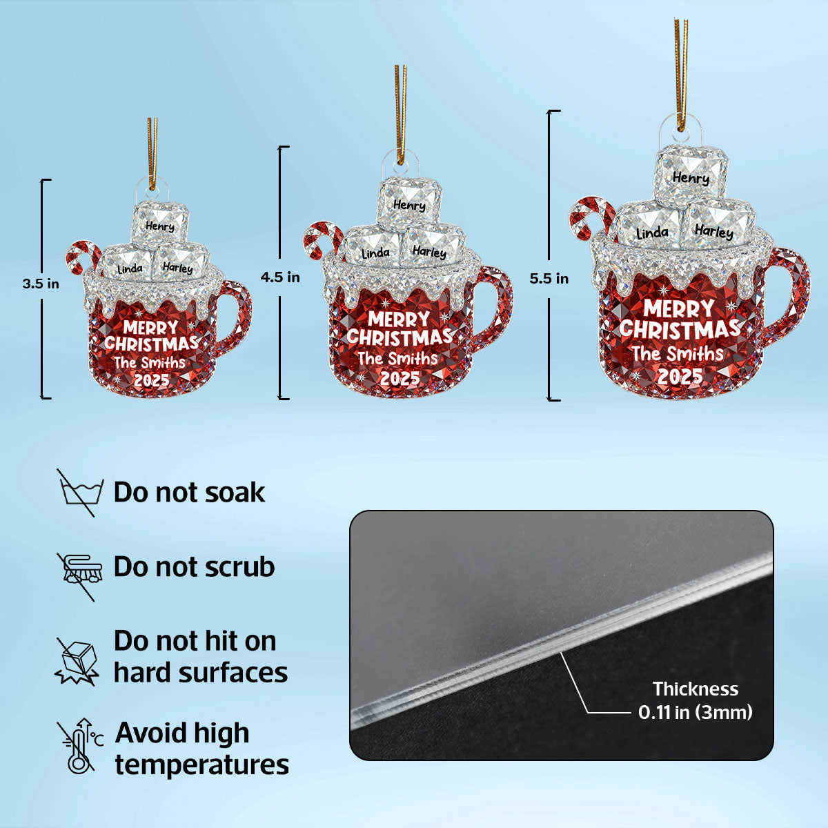 3D Crystal Effect Christmas Hot Cocoa Marshmallows Family Names - Personalized Acrylic Ornament