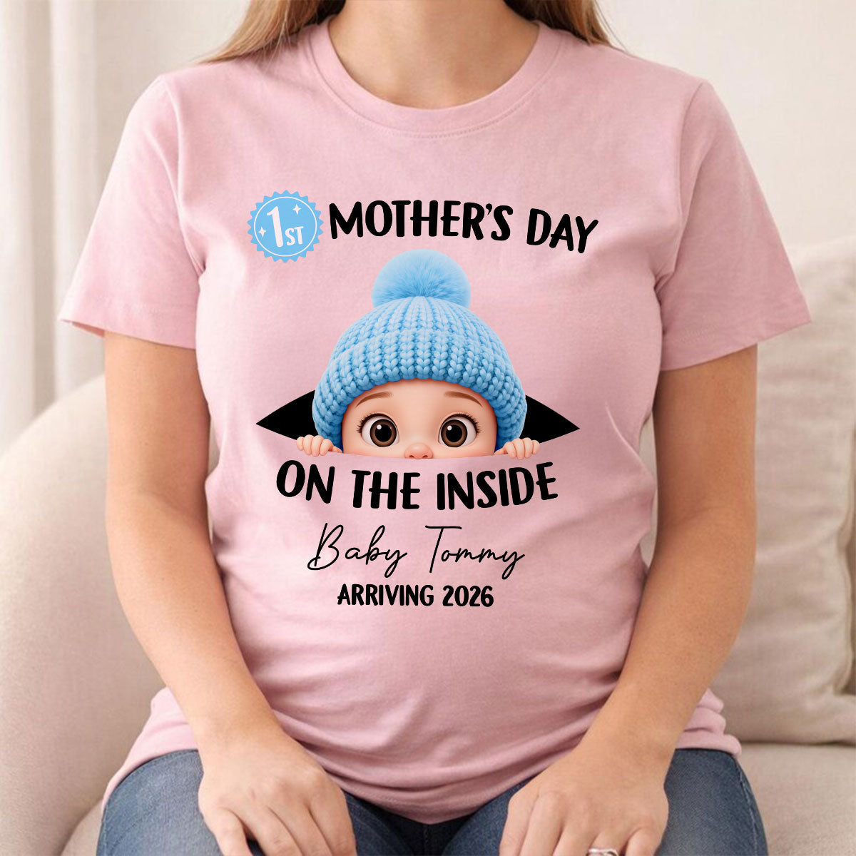 First Mother's Day on the Inside - Personalized Shirt - Baby Arriving Gift, Custom Pregnancy Announcement Tee