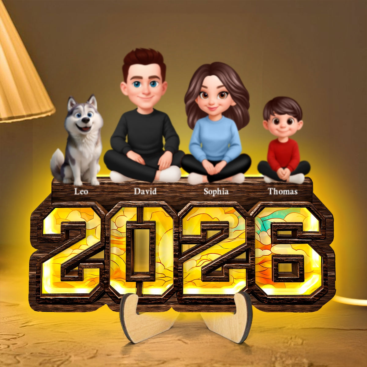 3D Effect Family And Dog Cat - Personalized Wooden Frame With LED - Heartfelt Gift For Mom, Dad