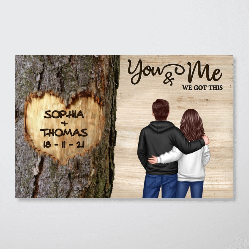 Couple Standing Side By Side Back View Heart Carved Tree - Personalized Poster - Anniversary Gift, Valentine's Gift For Him, For Her