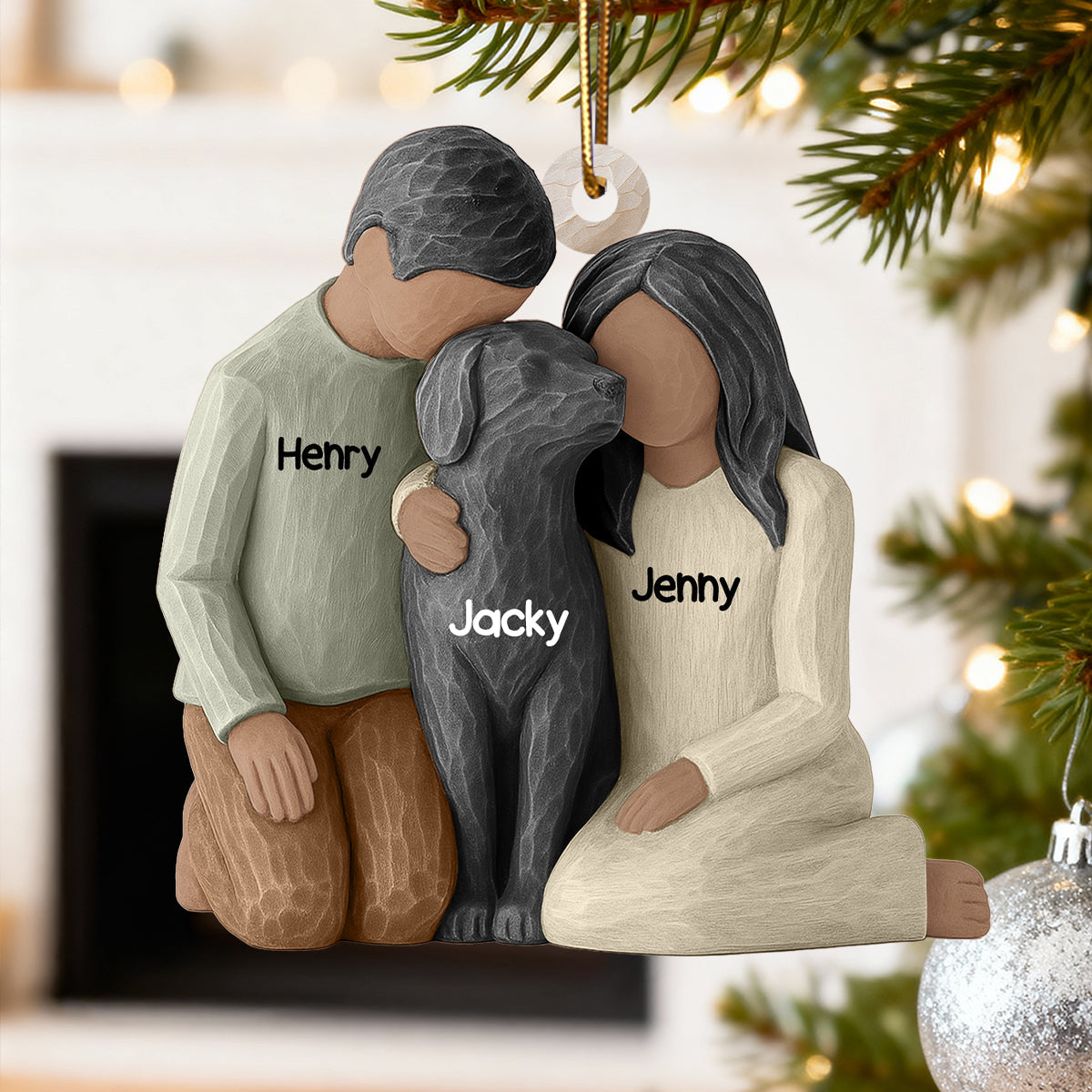 Couple and the Dogs 3D Effect - Personalized Wooden Ornament - Christmas Gift for him, for her