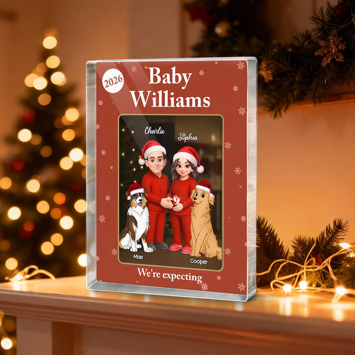Expecting Parents Christmas Pregnancy Baby Arriving With Dogs Cats Custom Figure Style - Personalized Acrylic Block Plaque